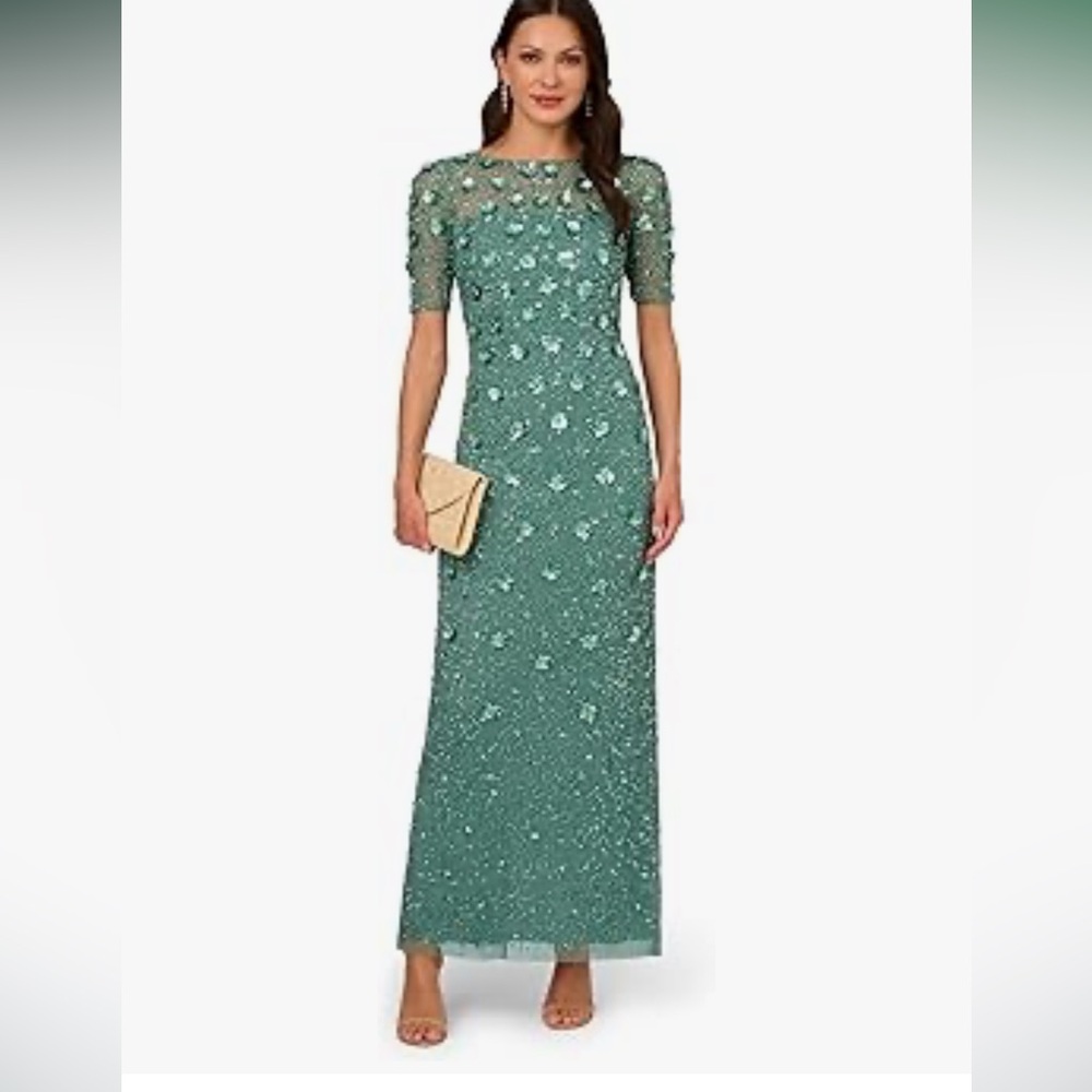 NWT Adrianna Papell Beaded Embellished Long 3D Floral Dress 14P - Picture 3 of 9